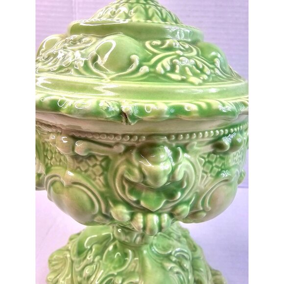 Ornate Vtg Green Ceramic Hand Crafted Pedestal Victorian Candy Jar Farmhouse - Picture 9 of 13